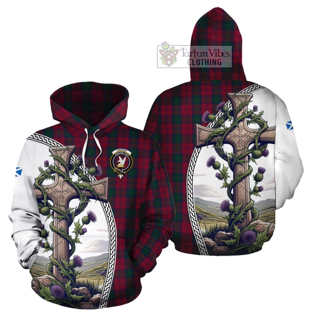 Tartan Vibes Clothing Lindsay Tartan Cotton Hoodie with Family Crest and St. Andrew's Cross Accented by Thistle Vines