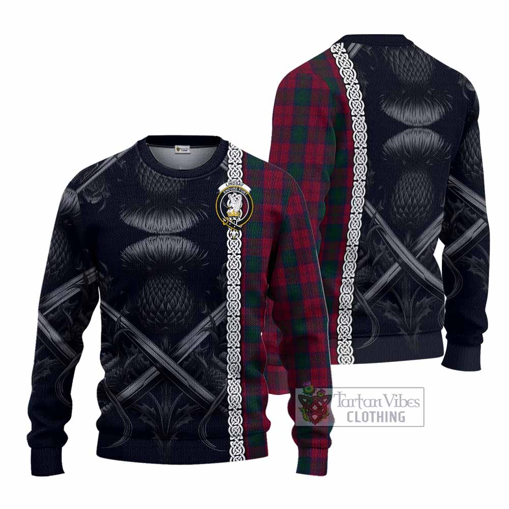 Tartan Vibes Clothing Lindsay Tartan Knitted Sweater with Family Crest Cross Sword Thistle Celtic Vibes