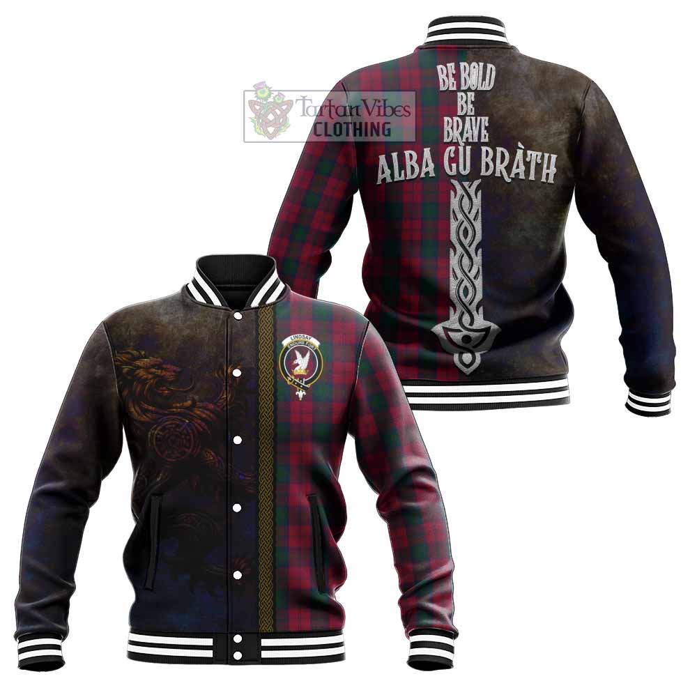 Tartan Vibes Clothing Lindsay Tartan Family Crest Baseball Jacket Alba Gu Brath Be Brave Lion Ancient Style