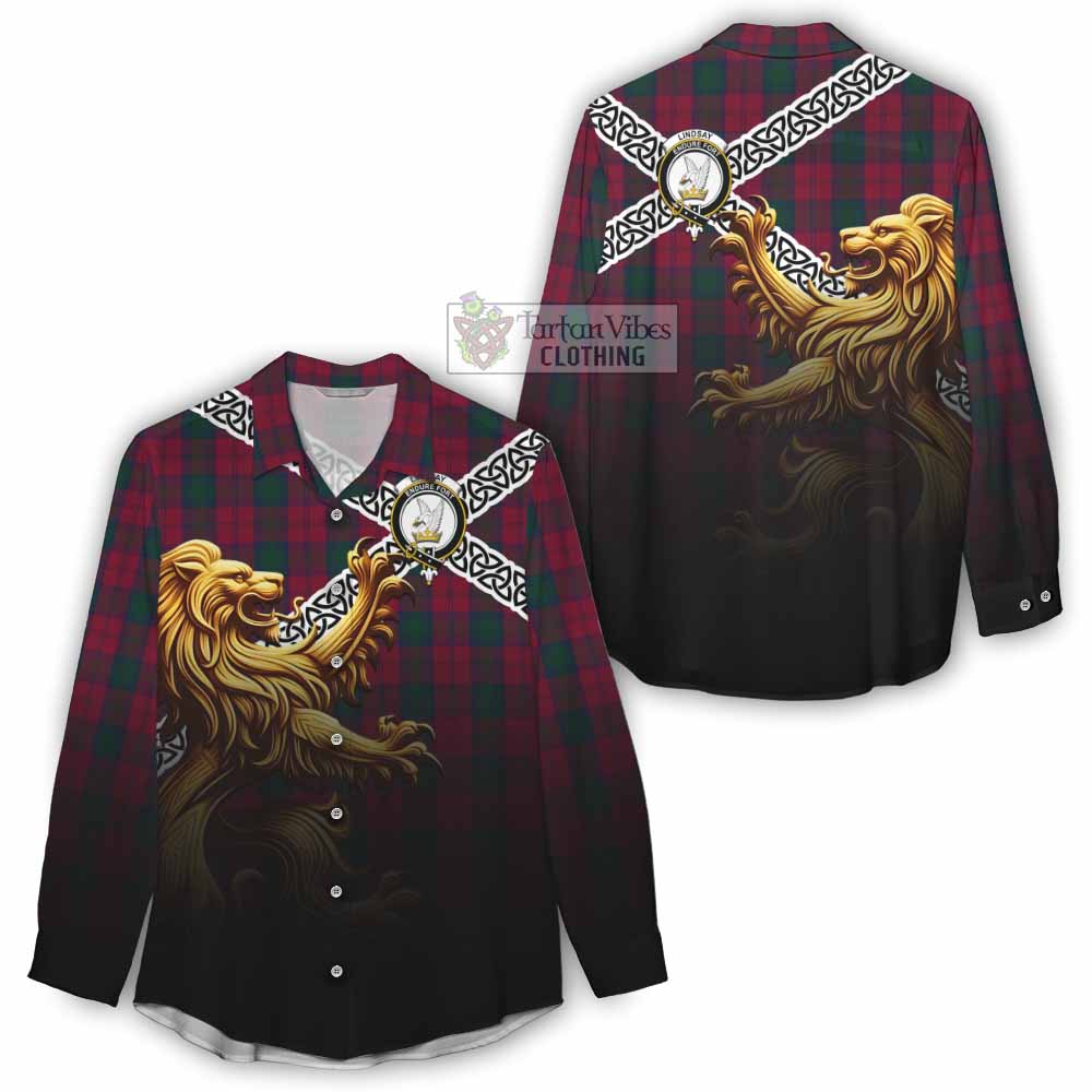 Tartan Vibes Clothing Lindsay Crest Tartan Women's Casual Shirt with Golden Lion Emblem Celtic Style