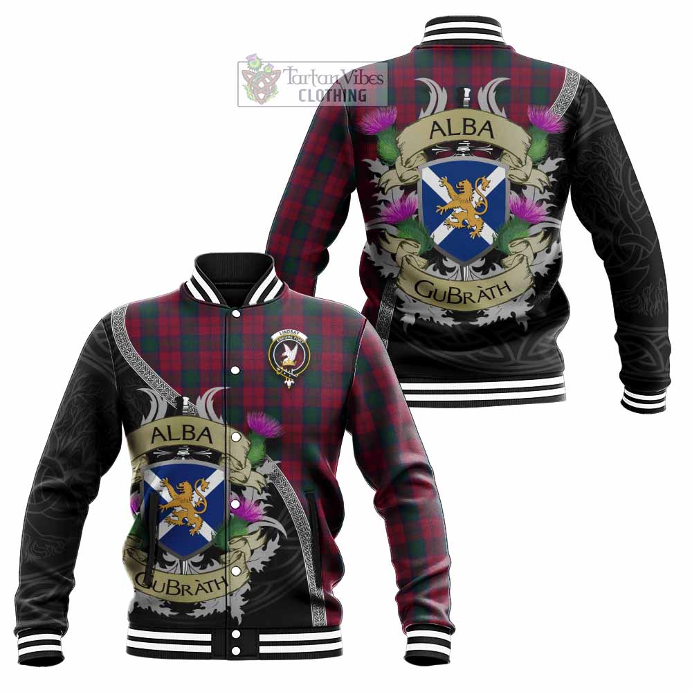 Tartan Vibes Clothing Lindsay Tartan Family Crest Baseball Jacket Lion Rampant Royal Thistle Shield Celtic Inspired