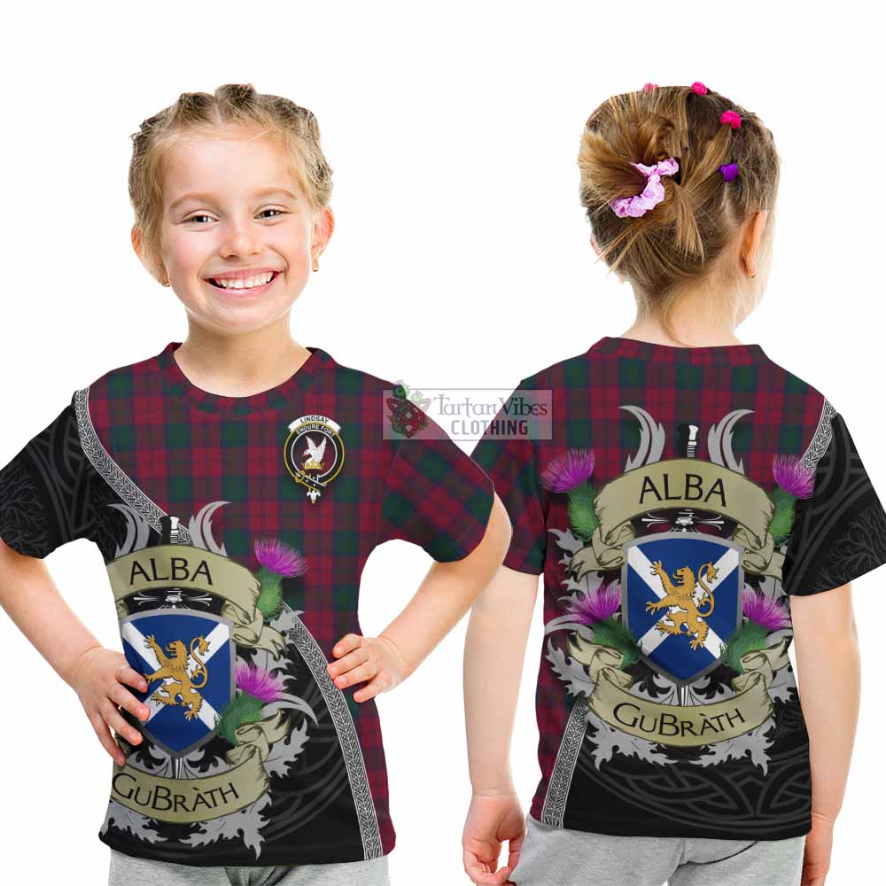 Tartan Vibes Clothing Lindsay Tartan Family Crest Kid T-Shirt Lion Rampant Royal Thistle Shield Celtic Inspired