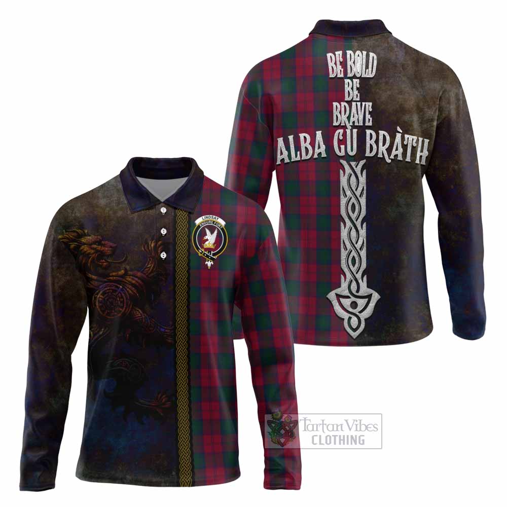 Tartan Vibes Clothing Lindsay Tartan Family Crest Long Sleeve Polo Shirt Alba Gu Brath Be Brave Lion Ancient Style