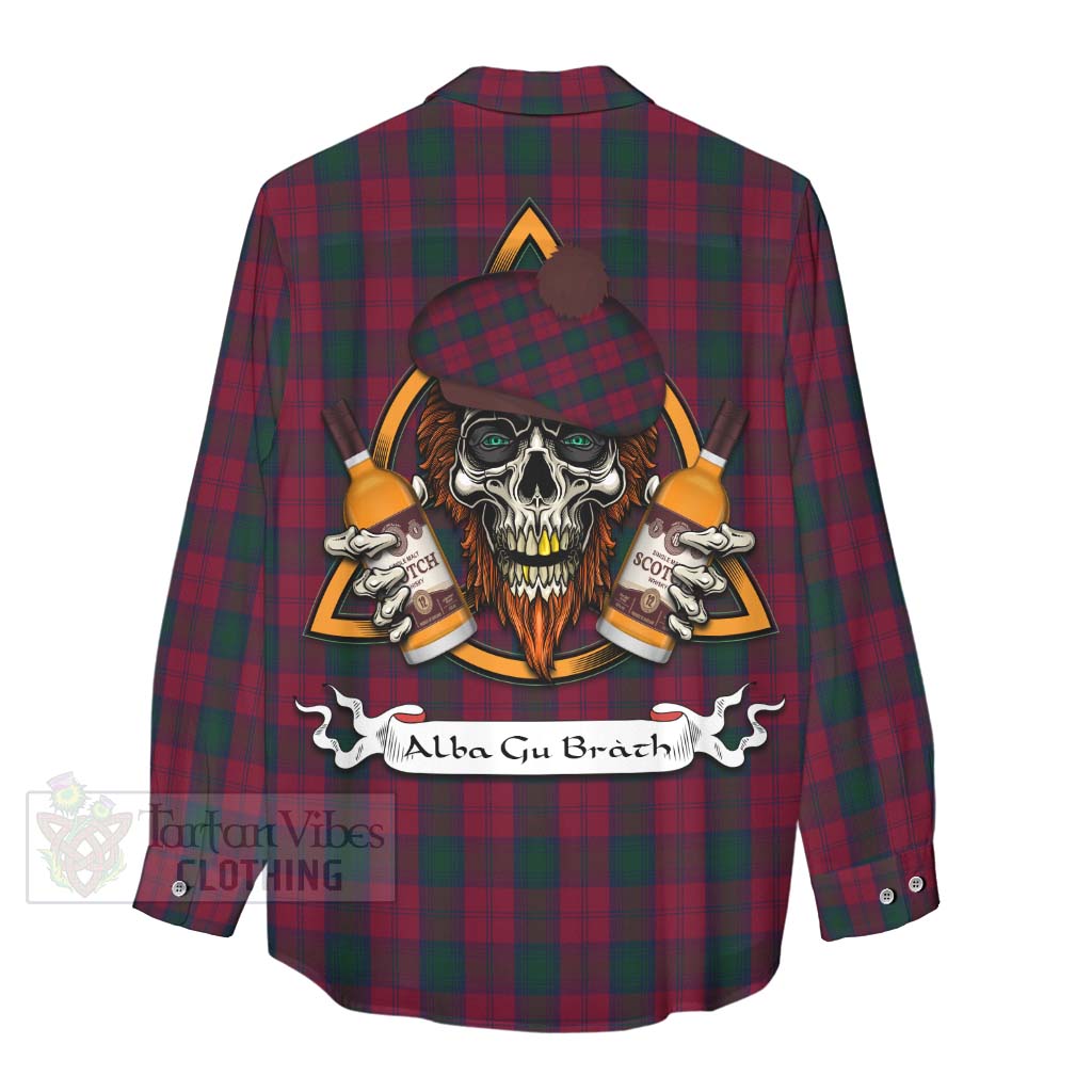 Tartan Vibes Clothing Lindsay Tartan Women's Casual Shirt with Family Crest and Bearded Skull Holding Bottles of Whiskey