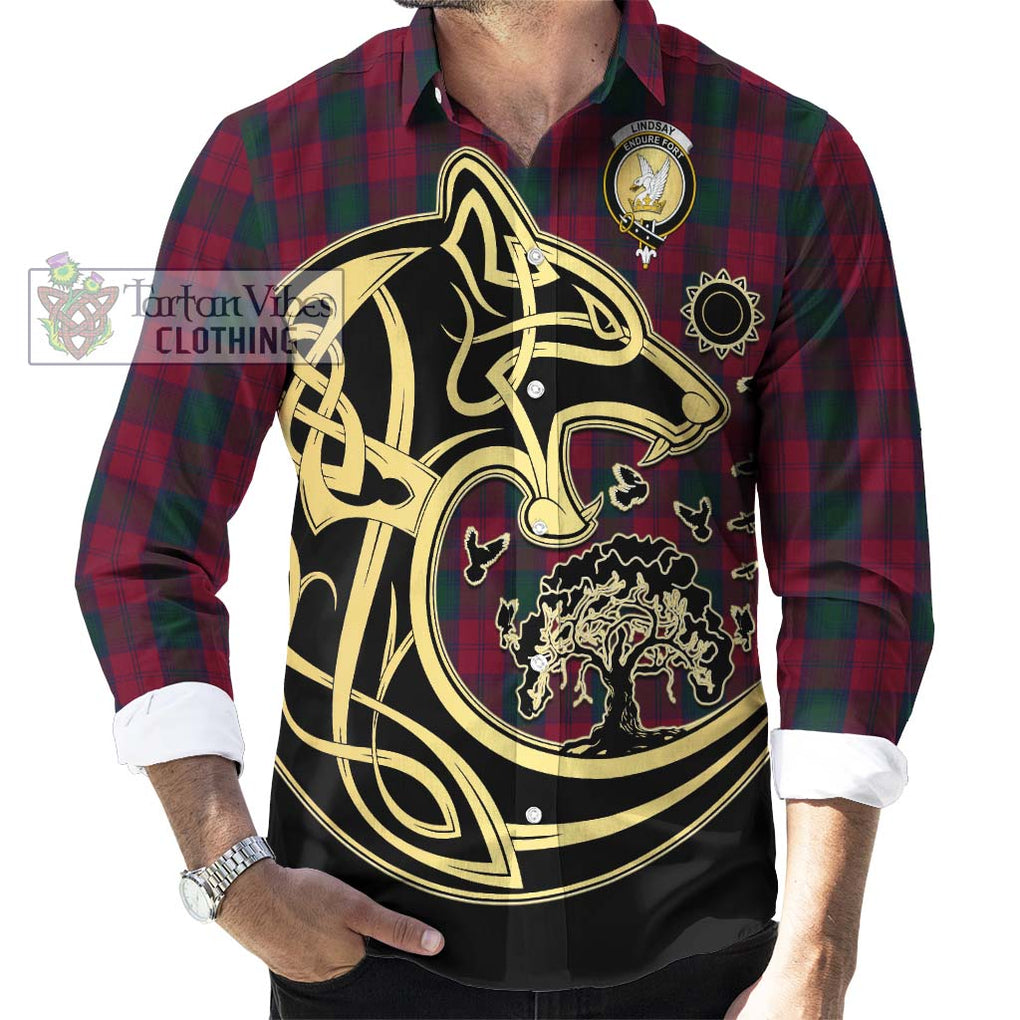 Lindsay Tartan Long Sleeve Button Shirt with Family Crest Celtic Wolf Style - Tartan Vibes Clothing