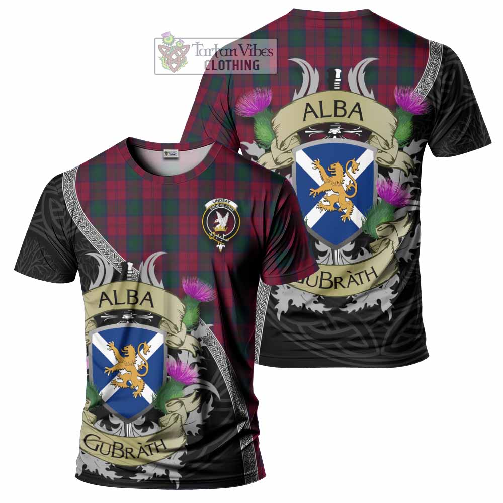 Tartan Vibes Clothing Lindsay Tartan Family Crest T-Shirt Lion Rampant Royal Thistle Shield Celtic Inspired