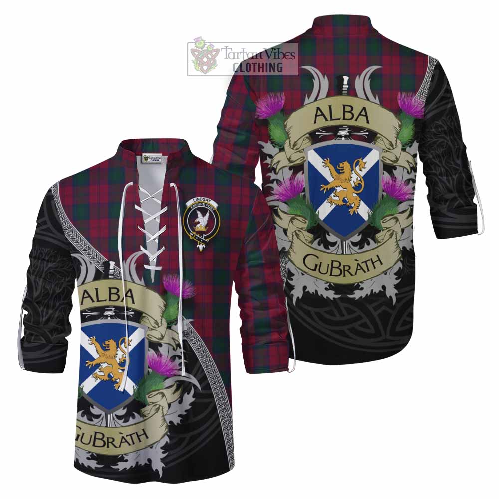 Tartan Vibes Clothing Lindsay Tartan Family Crest Ghillie Kilt Shirt Lion Rampant Royal Thistle Shield Celtic Inspired