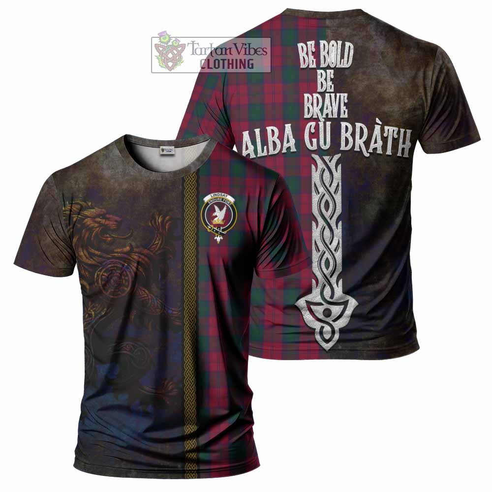 Tartan Vibes Clothing Lindsay Tartan Family Crest T-Shirt Alba Gu Brath Be Brave Lion Ancient Style
