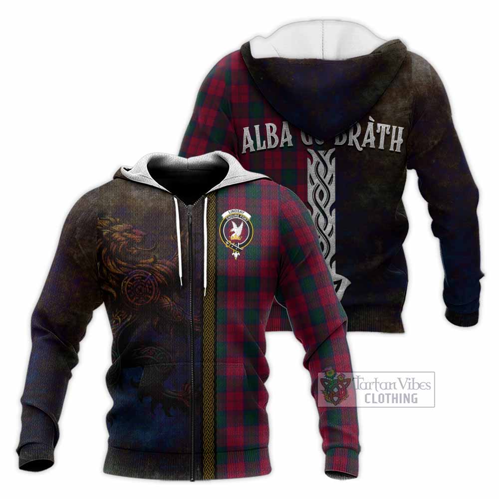 Tartan Vibes Clothing Lindsay Tartan Family Crest Knitted Hoodie Alba Gu Brath Be Brave Lion Ancient Style