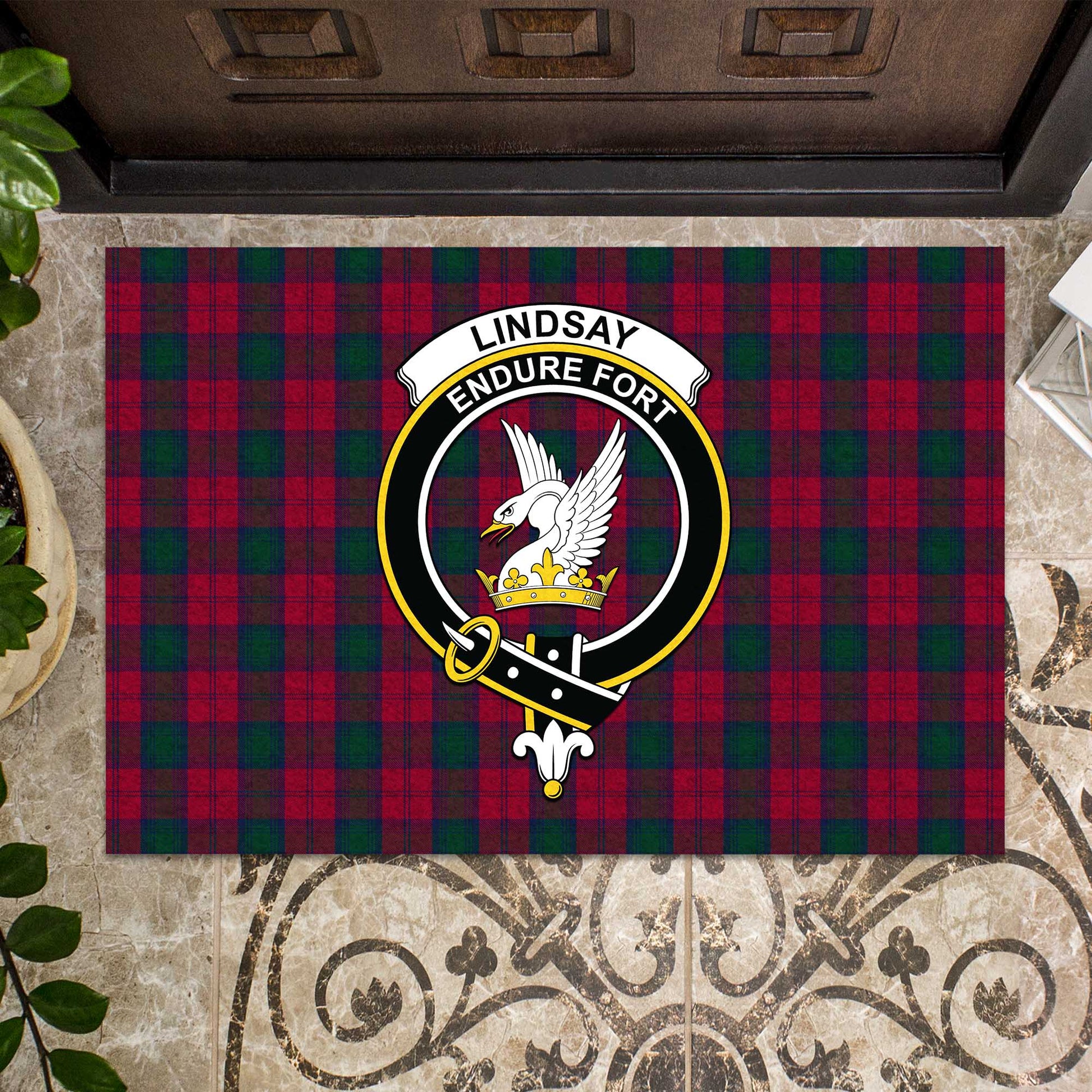 Lindsay Tartan Door Mat with Family Crest - Tartanvibesclothing