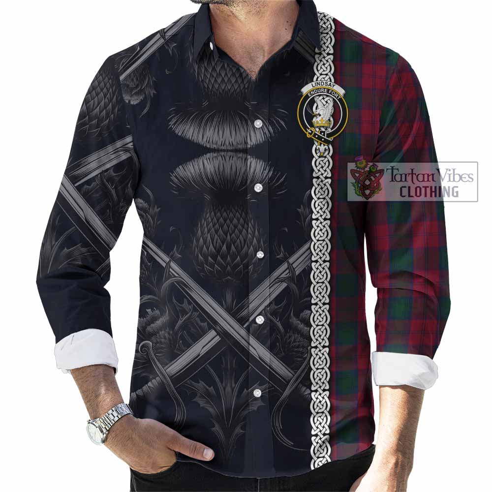 Tartan Vibes Clothing Lindsay Tartan Long Sleeve Button Shirt with Family Crest Cross Sword Thistle Celtic Vibes