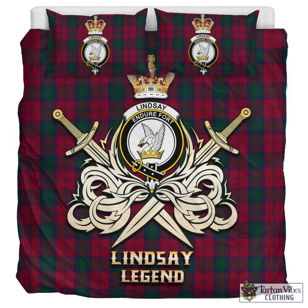 Tartan Vibes Clothing Lindsay Tartan Bedding Set with Clan Crest and the Golden Sword of Courageous Legacy