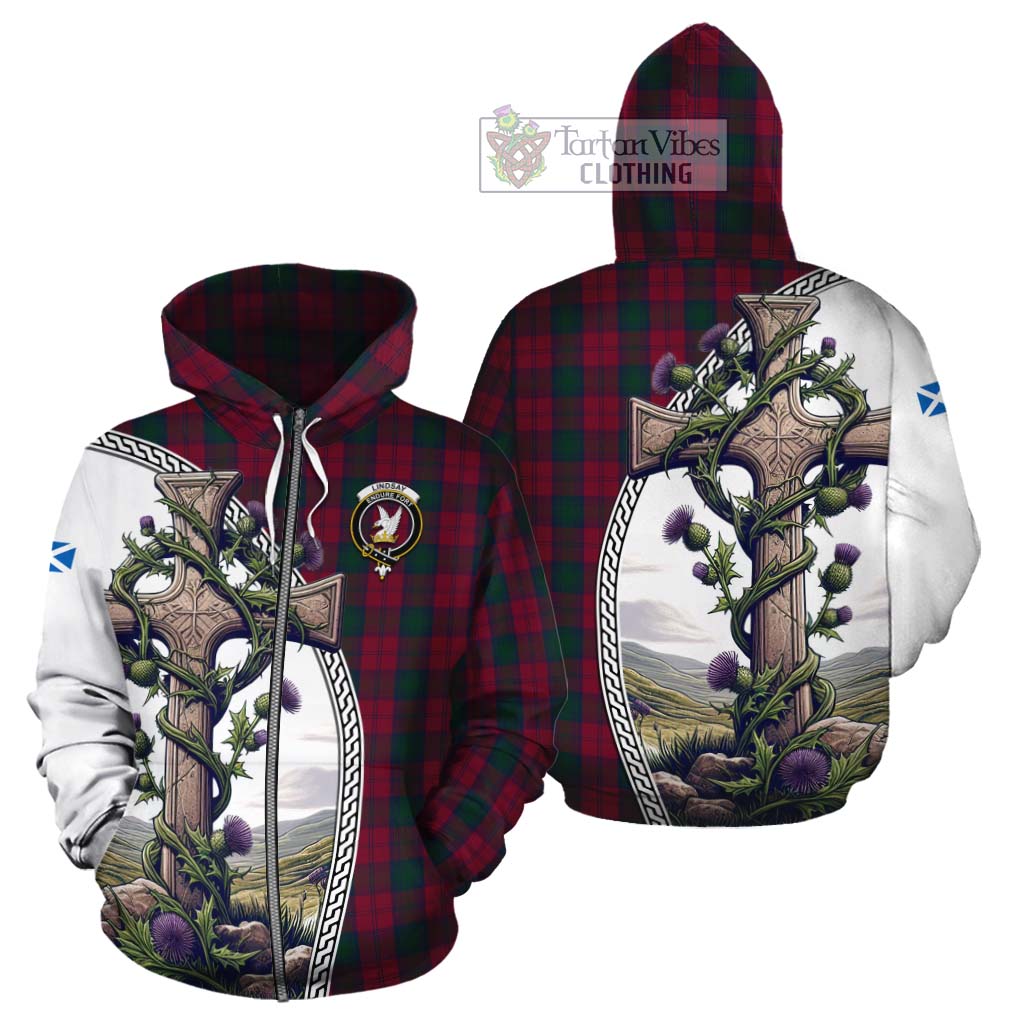 Tartan Vibes Clothing Lindsay Tartan Cotton Hoodie with Family Crest and St. Andrew's Cross Accented by Thistle Vines