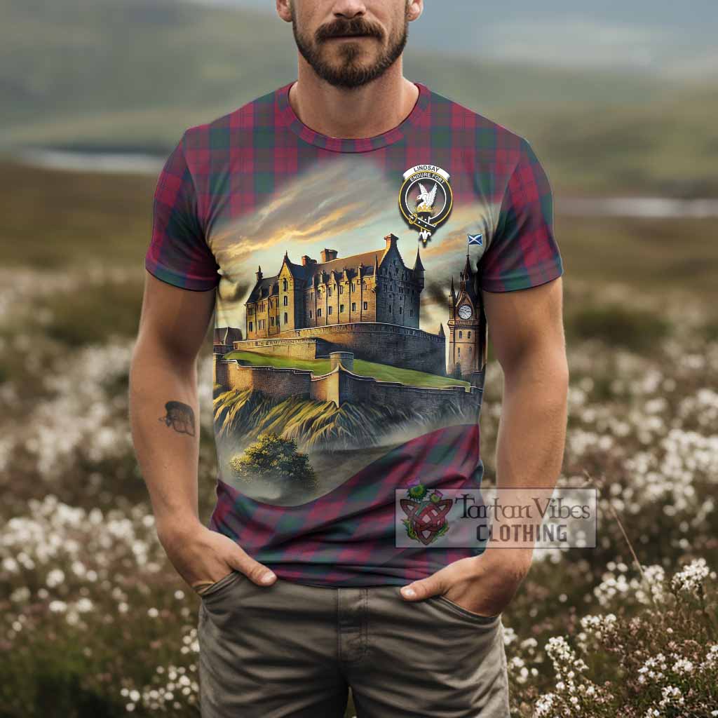 Tartan Vibes Clothing Lindsay Tartan Family Crest T-Shirt with Scottish Ancient Castle Stype