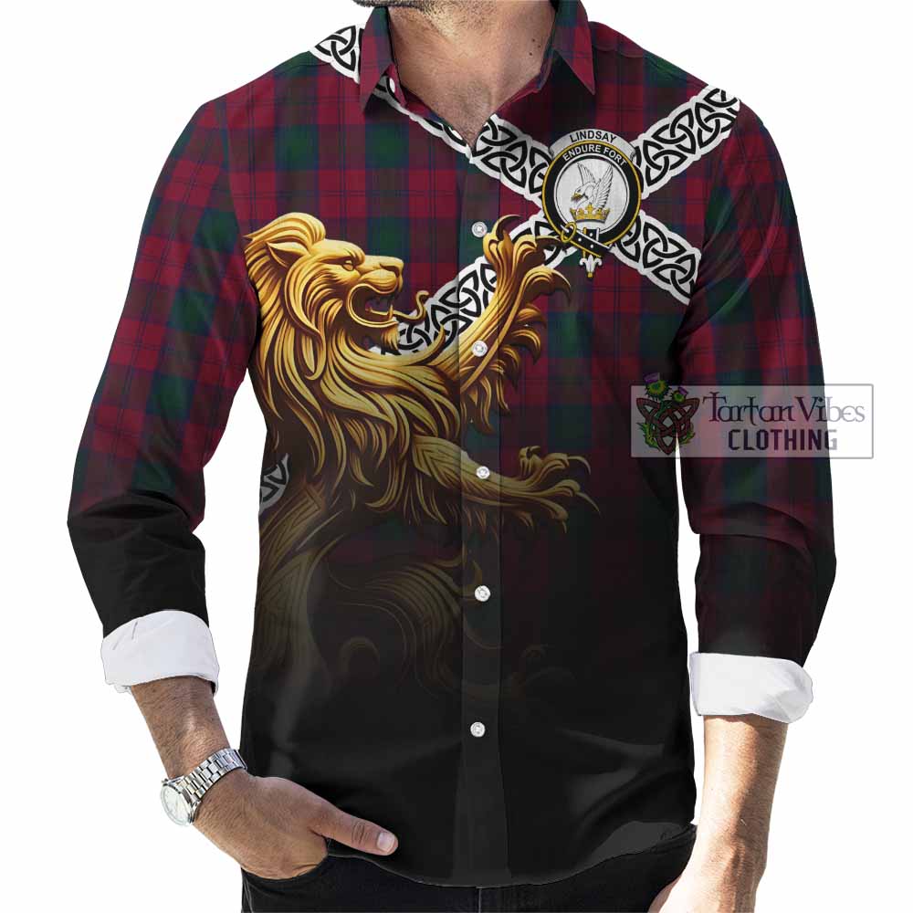 Tartan Vibes Clothing Lindsay Crest Tartan Long Sleeve Button Shirt with Golden Lion Emblem Celtic Style