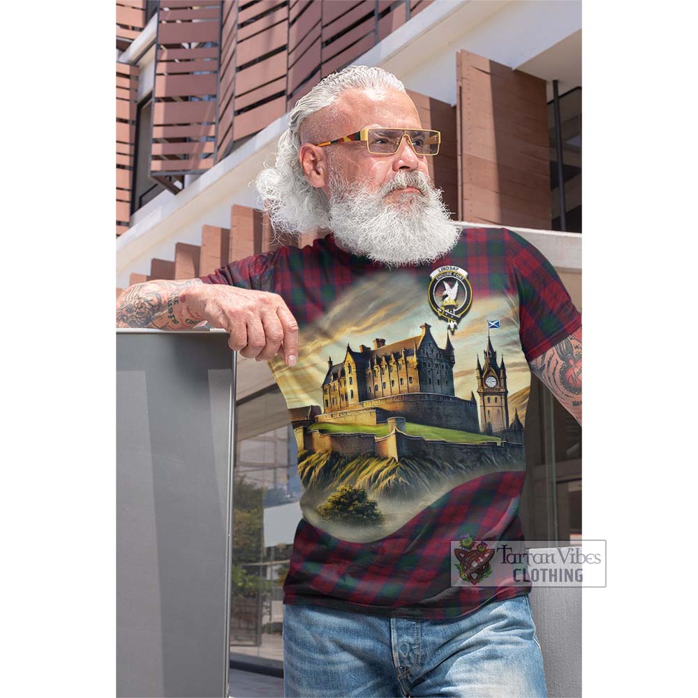 Tartan Vibes Clothing Lindsay Tartan Family Crest Cotton T-shirt with Scottish Ancient Castle Style