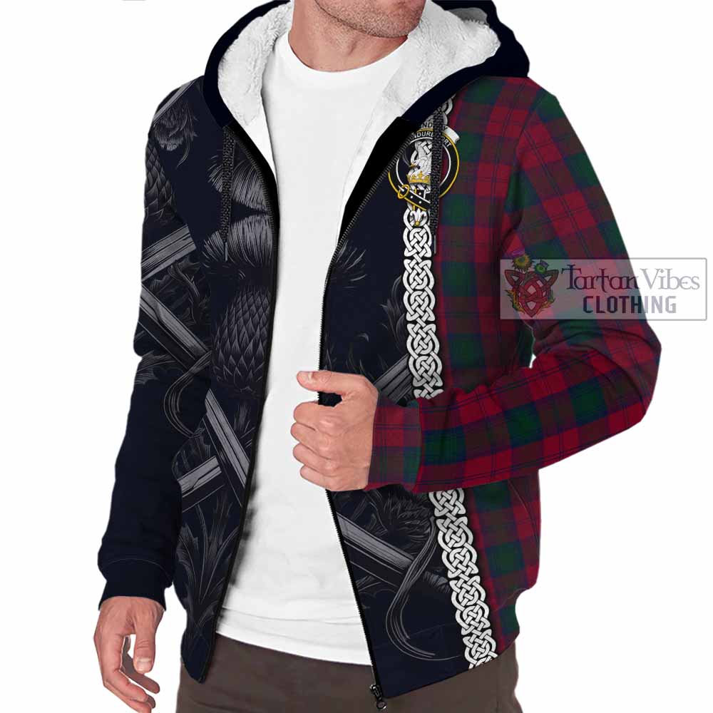 Tartan Vibes Clothing Lindsay Tartan Sherpa Hoodie with Family Crest Cross Sword Thistle Celtic Vibes
