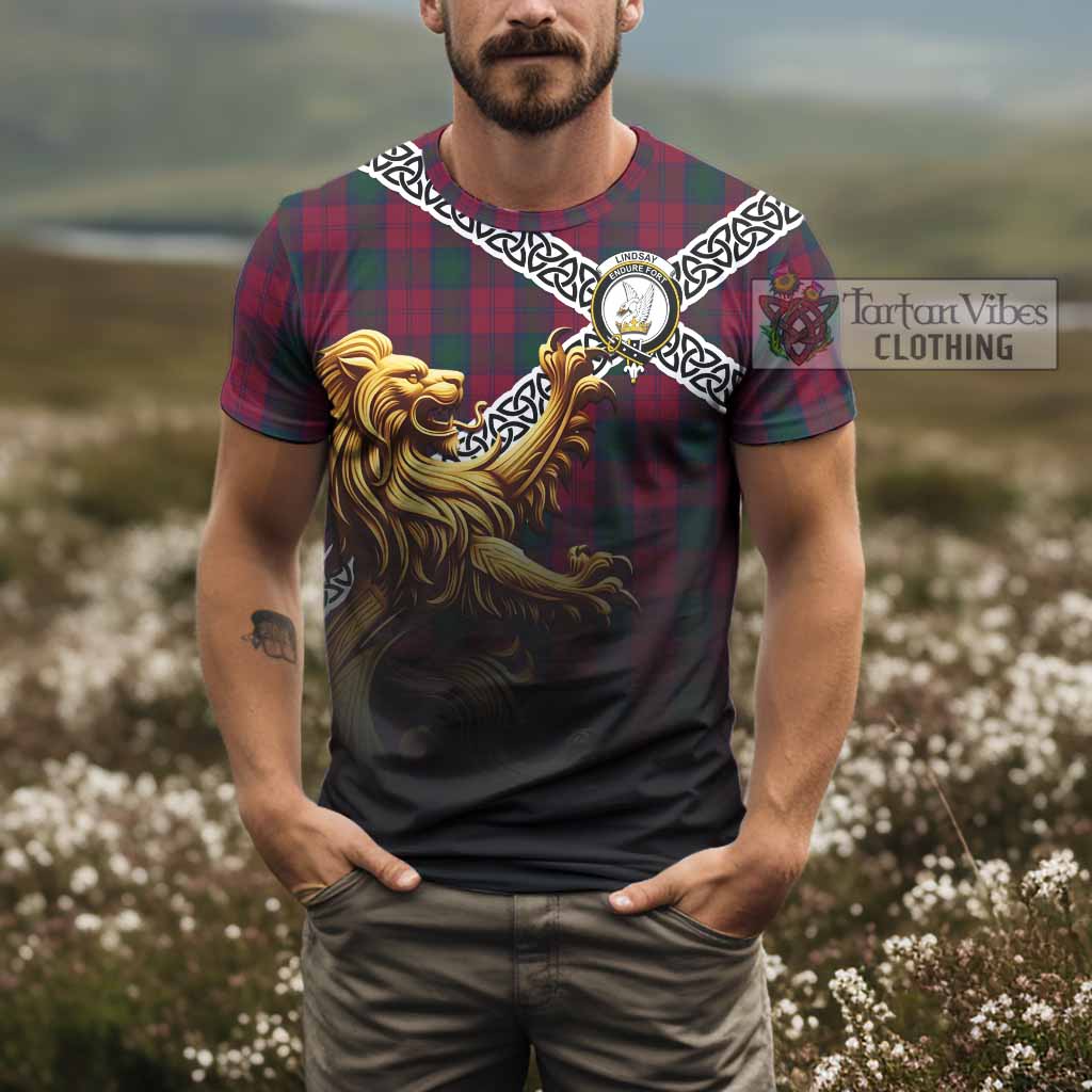 Tartan Vibes Clothing Lindsay Crest Tartan T-Shirt with Golden Lion Emblem Celtic Style