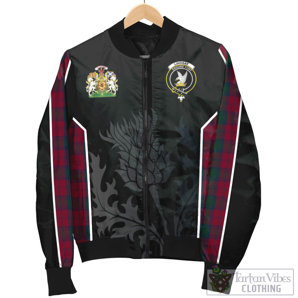 Tartan Vibes Clothing Lindsay Tartan Bomber Jacket with Family Crest and Scottish Thistle Vibes Sport Style