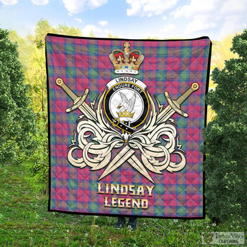 Lindsay Ancient Tartan Quilt with Clan Crest and the Golden Sword of Courageous Legacy