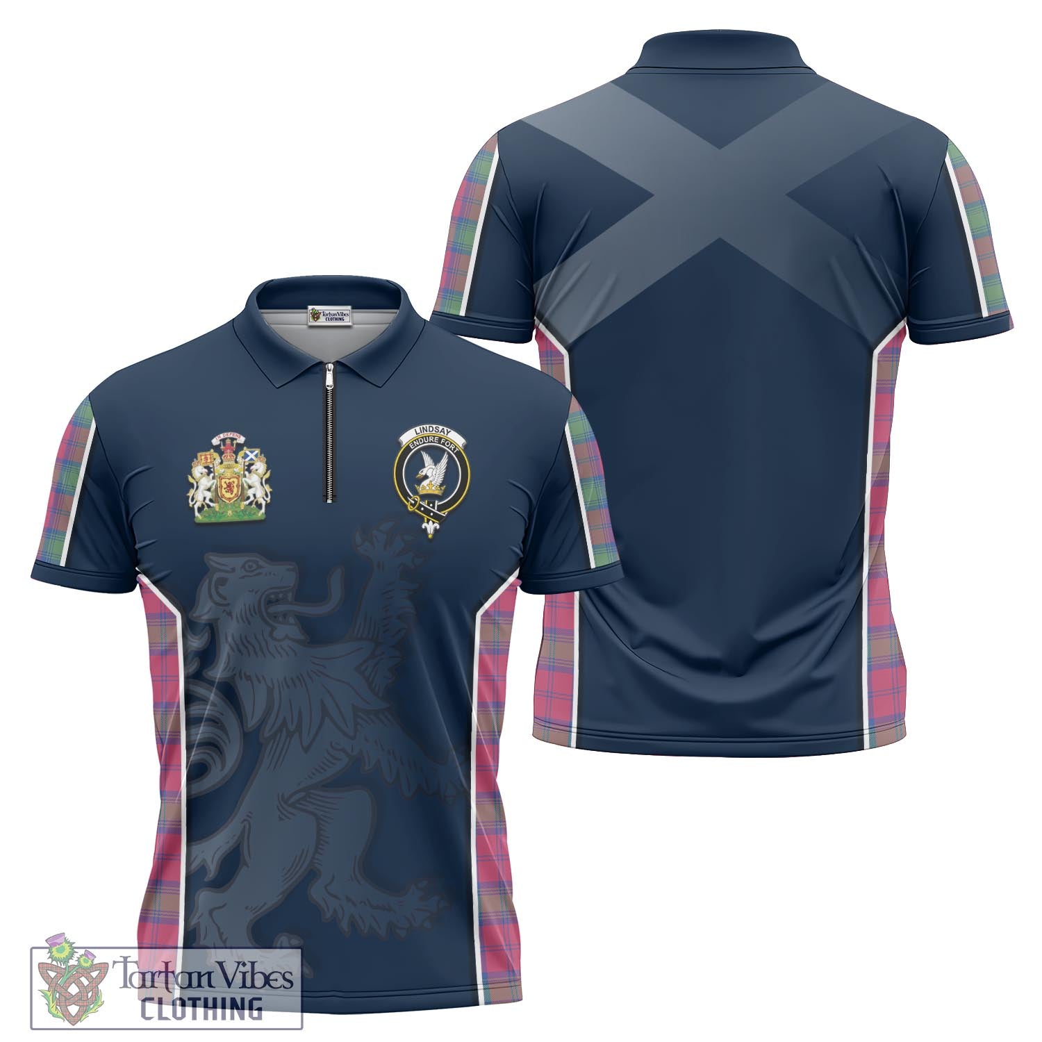 Tartan Vibes Clothing Lindsay Ancient Tartan Zipper Polo Shirt with Family Crest and Lion Rampant Vibes Sport Style