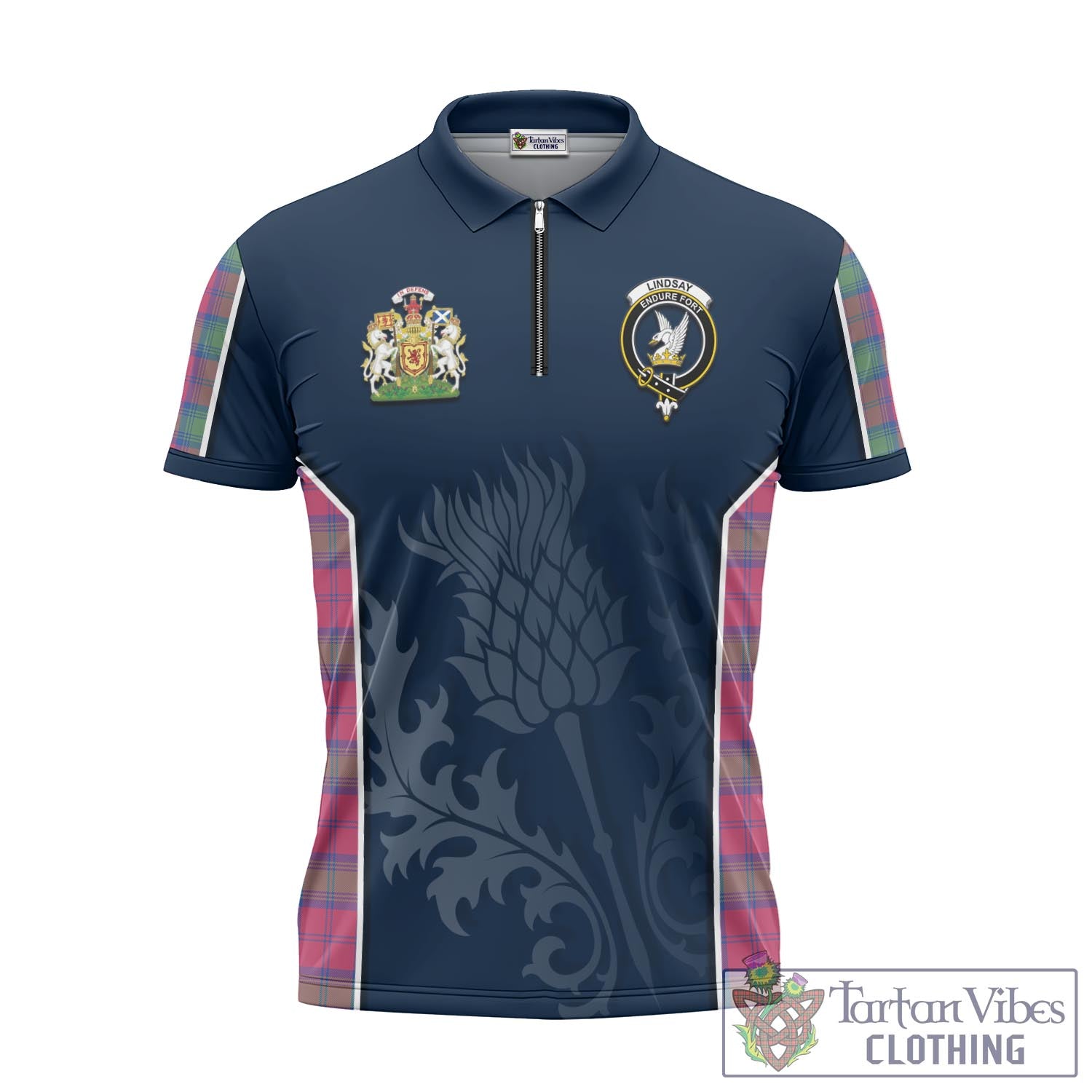 Tartan Vibes Clothing Lindsay Ancient Tartan Zipper Polo Shirt with Family Crest and Scottish Thistle Vibes Sport Style