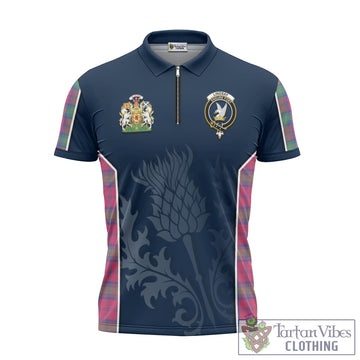 Lindsay Ancient Tartan Zipper Polo Shirt with Family Crest and Scottish Thistle Vibes Sport Style