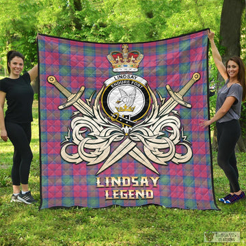 Lindsay Ancient Tartan Quilt with Clan Crest and the Golden Sword of Courageous Legacy