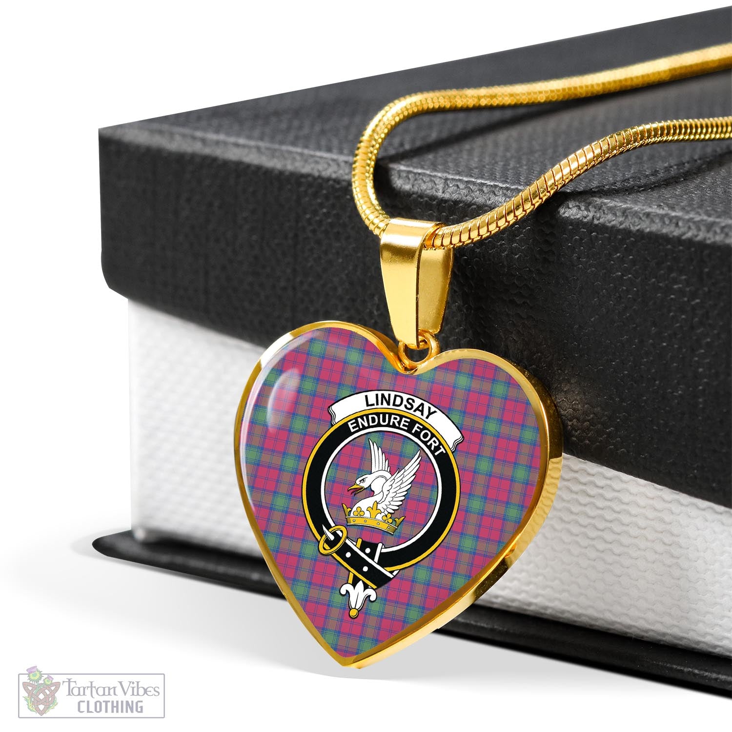 Tartan Vibes Clothing Lindsay Ancient Tartan Heart Necklace with Family Crest