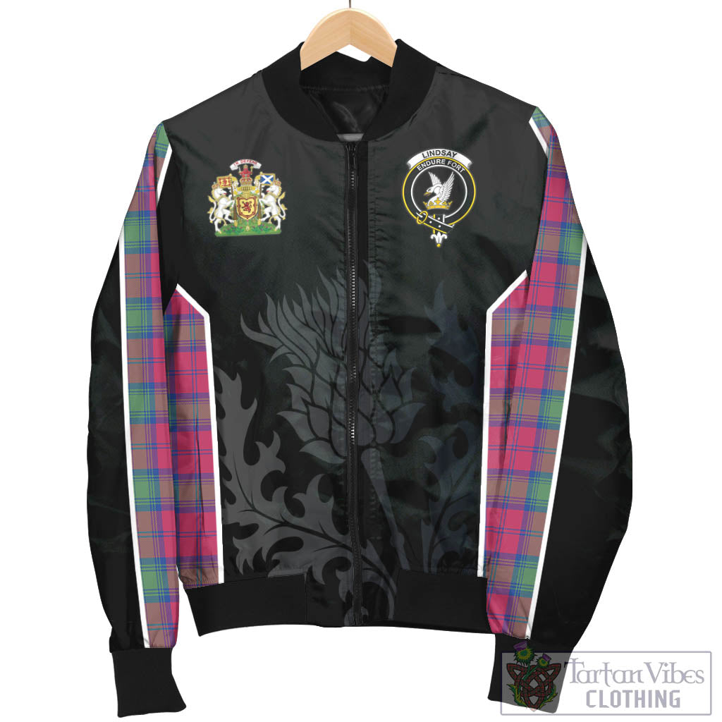Tartan Vibes Clothing Lindsay Ancient Tartan Bomber Jacket with Family Crest and Scottish Thistle Vibes Sport Style