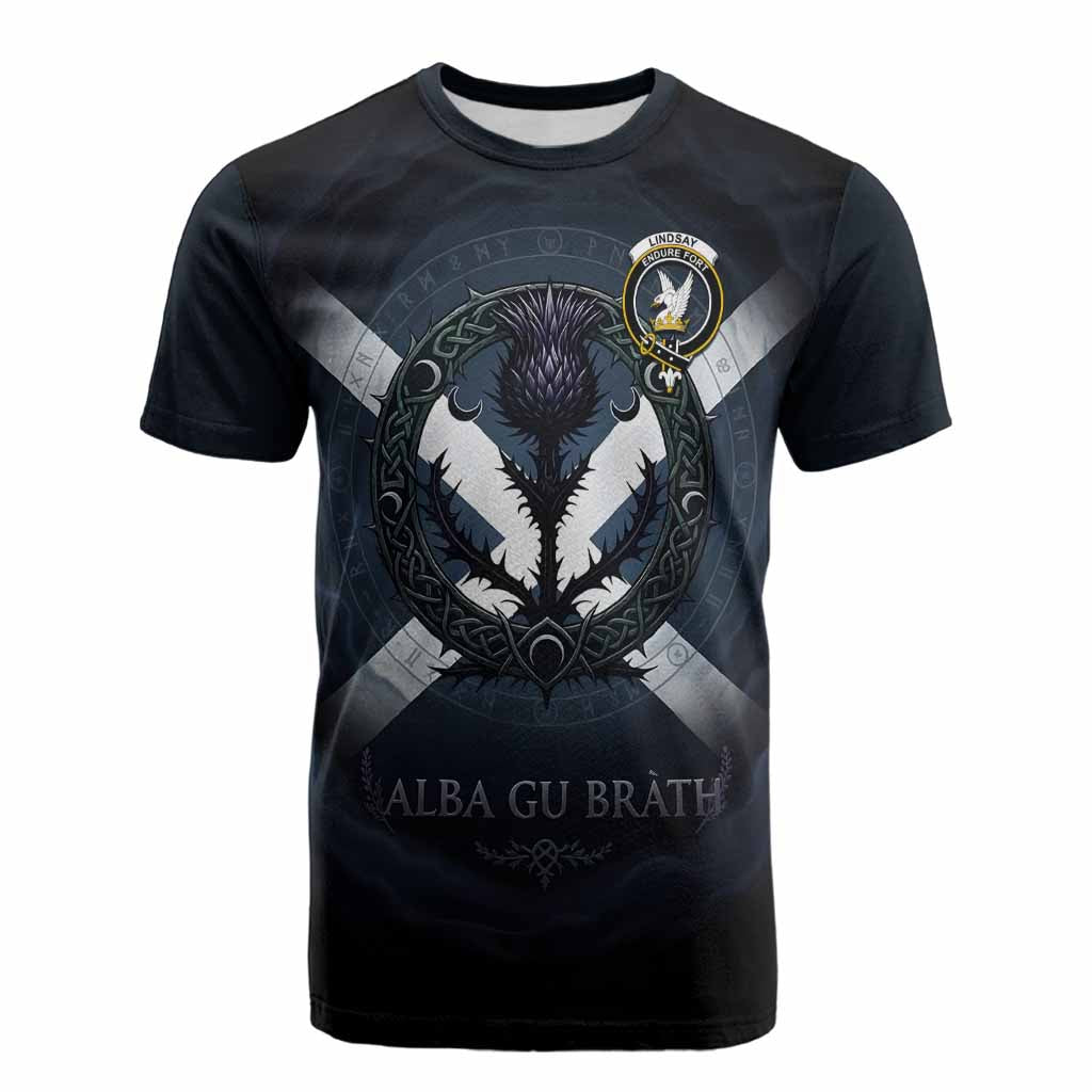 Lindsay Clan Crest Cotton T-shirt with Celtic Knot Thistle and Saltire