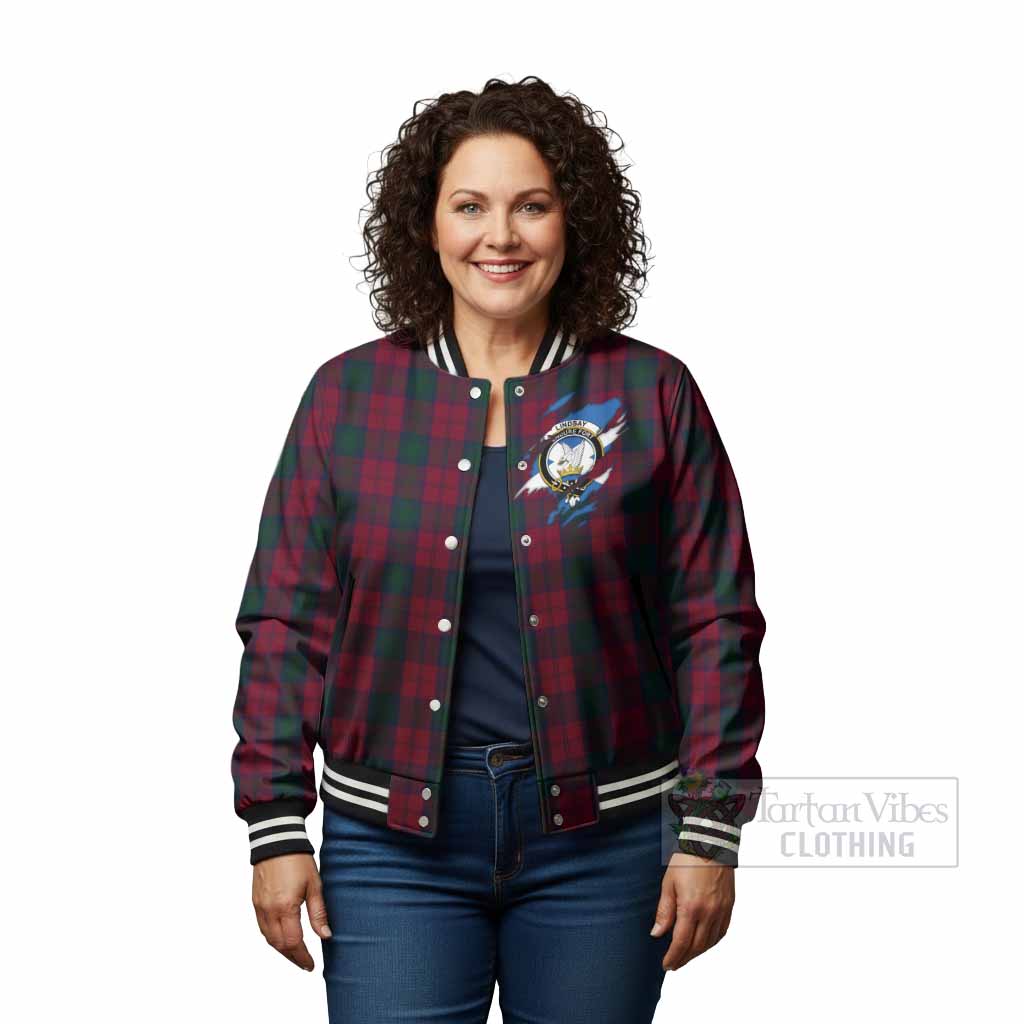 Lindsay Clan Crest In Me Tartan Baseball Jacket Scotland Flag Style