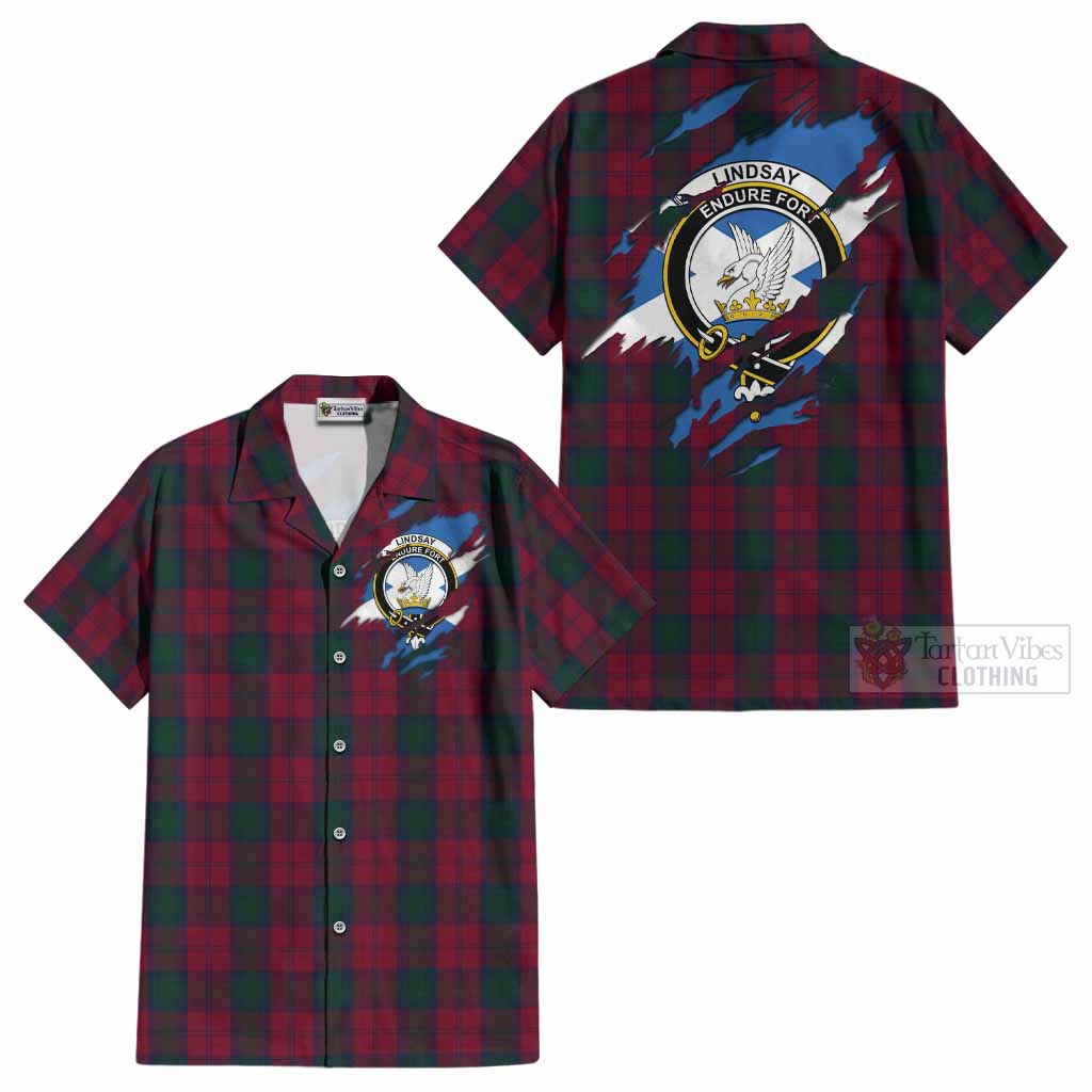 Lindsay Clan Crest In Me Tartan Cotton Hawaiian Shirt Scotland Flag Style
