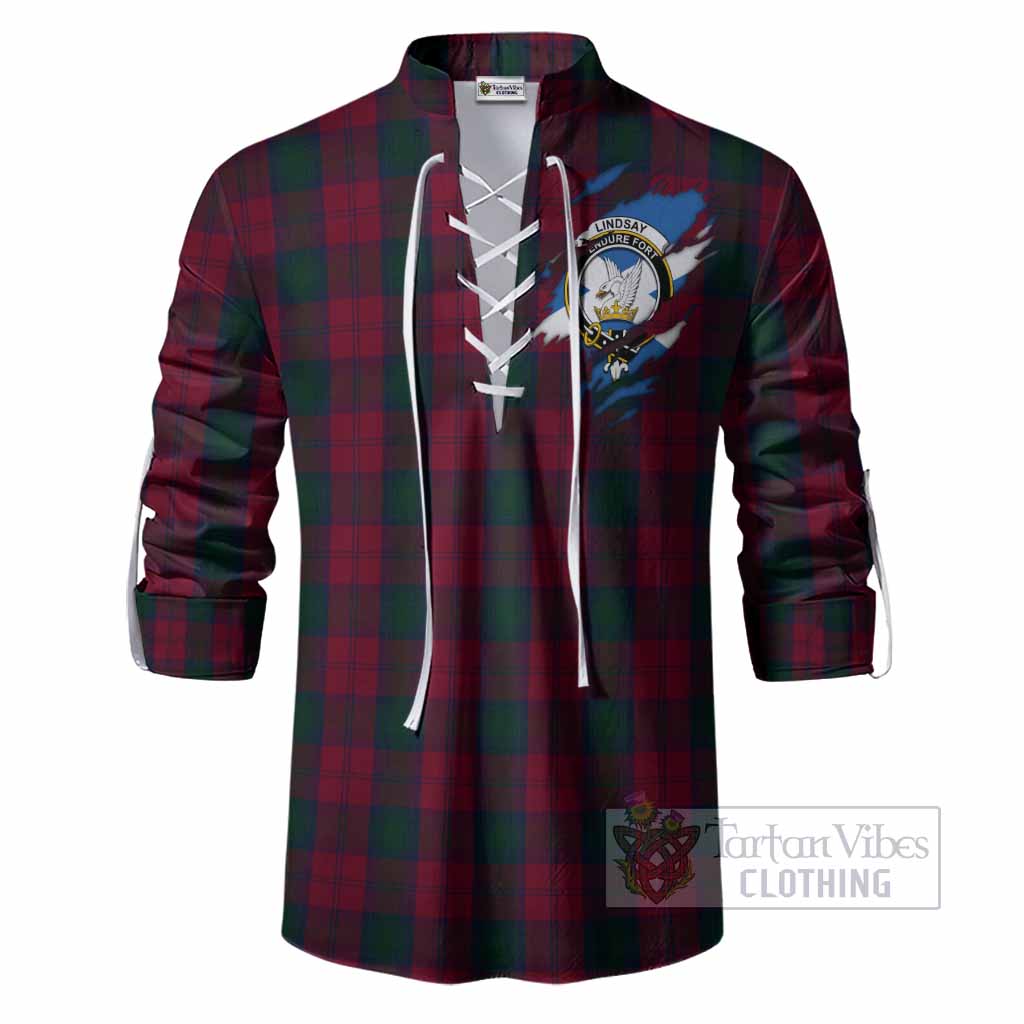Lindsay Clan Crest In Me Tartan Ghillie Shirt Scotland Flag Style