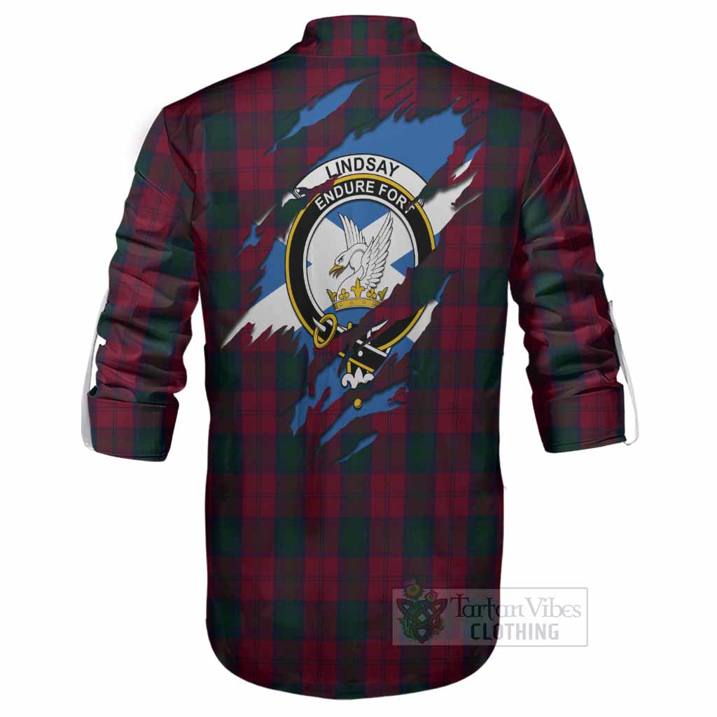 Lindsay Clan Crest In Me Tartan Ghillie Shirt Scotland Flag Style