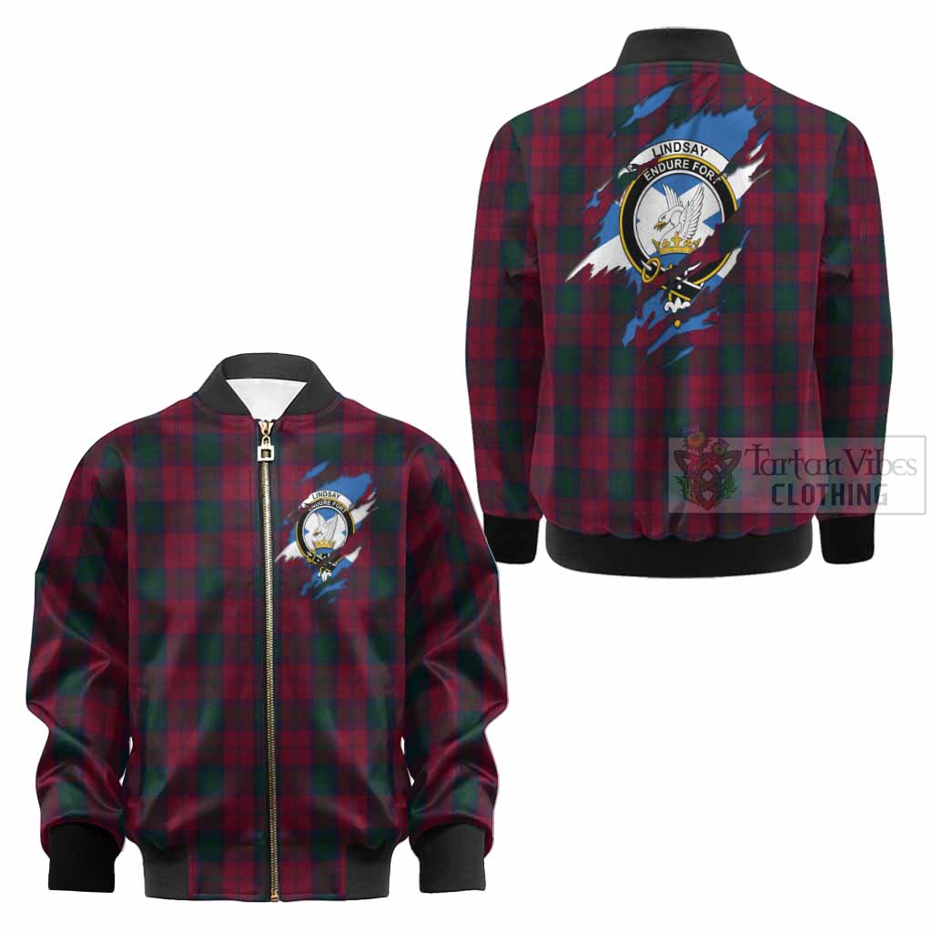 Lindsay Clan Crest In Me Tartan Kid Bomber Jacket Scotland Flag Style