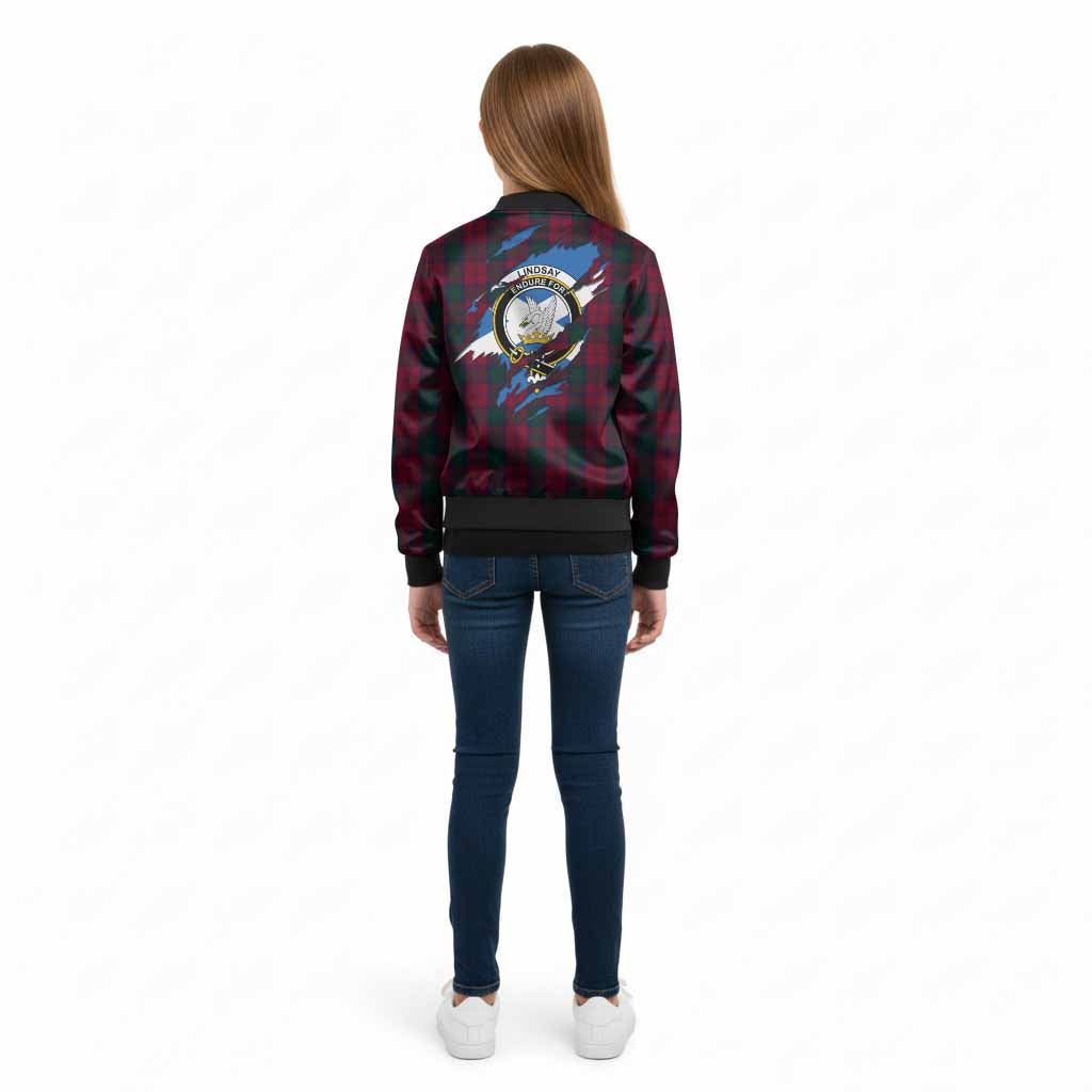 Lindsay Clan Crest In Me Tartan Kid Bomber Jacket Scotland Flag Style