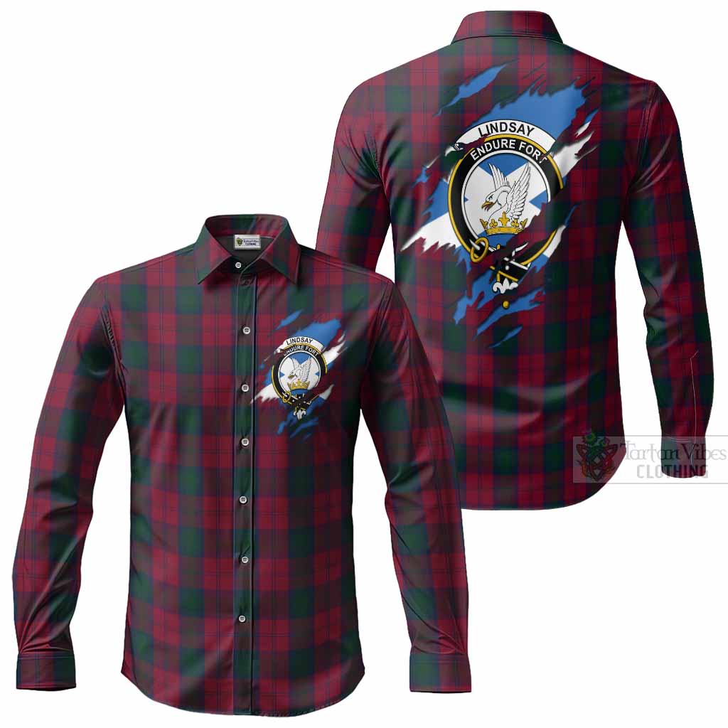 Lindsay Clan Crest In Me Tartan Long Sleeve Button Shirts Scotland Flag Style