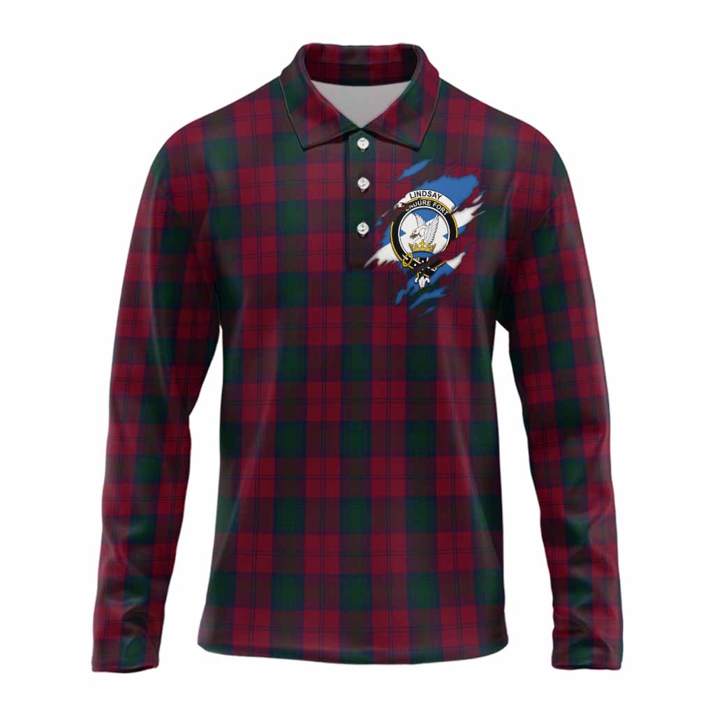 Lindsay Clan Crest In Me Tartan Long Sleeve Polo Shirt Scotland Flag Style