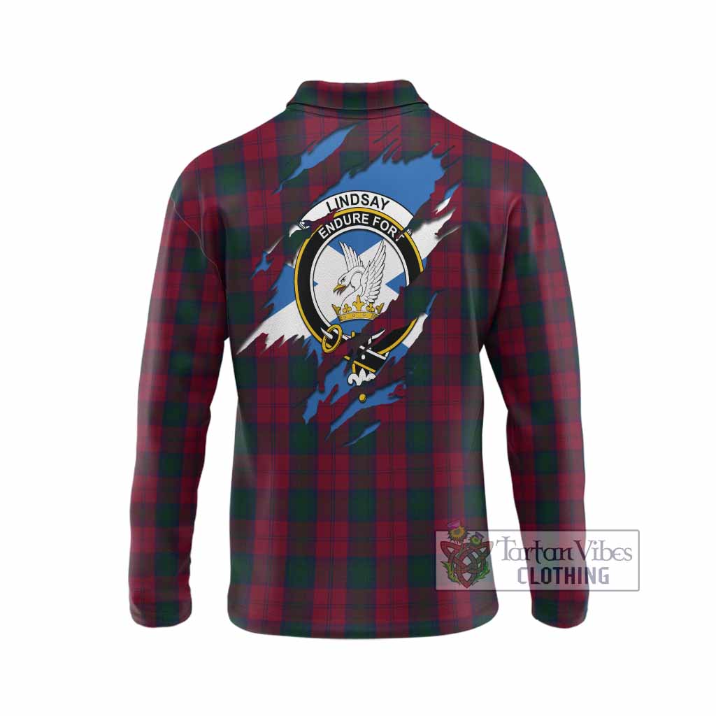 Lindsay Clan Crest In Me Tartan Long Sleeve Polo Shirt Scotland Flag Style