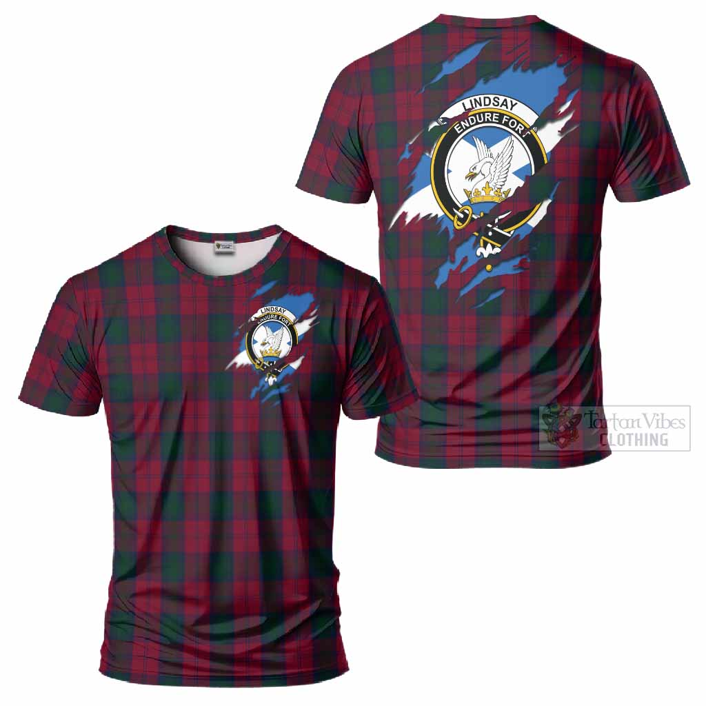 Lindsay Clan Crest In Me Tartan T-Shirt Scotland Flag Style