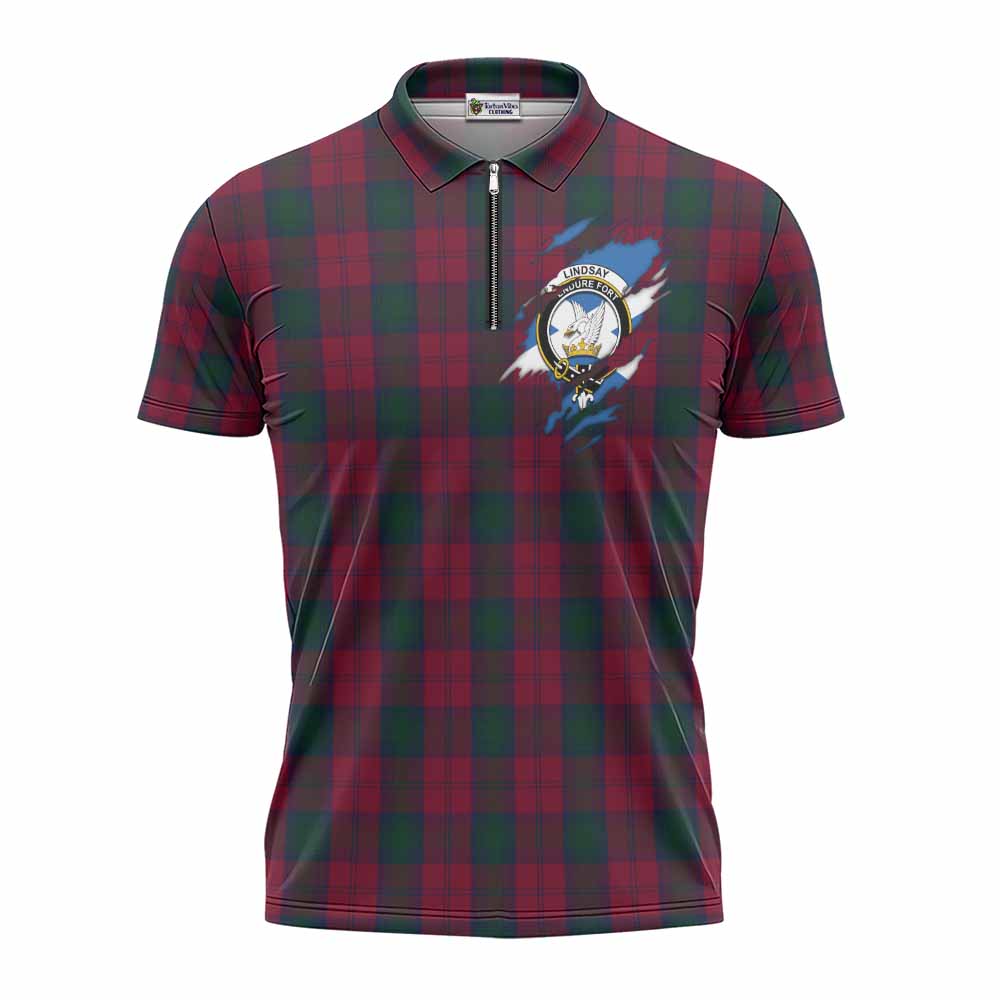 Lindsay Clan Crest In Me Tartan Zipper Polo Shirt Scotland Flag Style