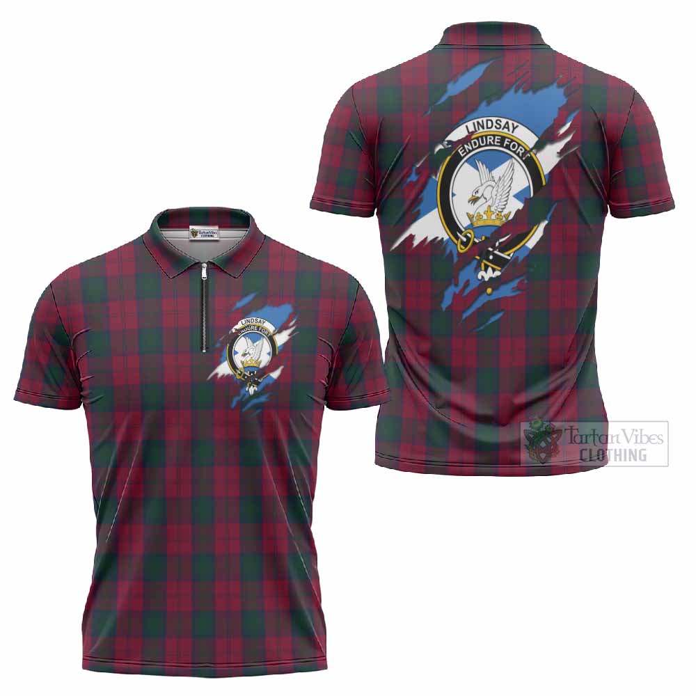 Lindsay Clan Crest In Me Tartan Zipper Polo Shirt Scotland Flag Style