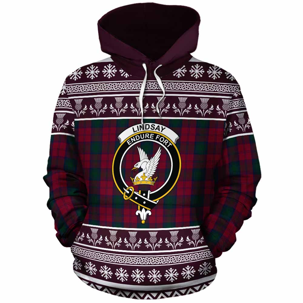 Lindsay Clan Tartan Christmas Cotton Hoodie with Family Crest - Tartan Vibes Clothing