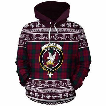 Lindsay Clan Tartan Christmas Cotton Hoodie with Family Crest