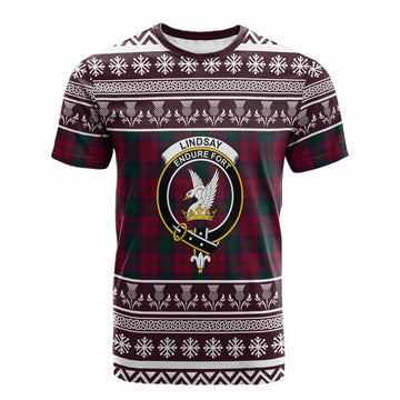 Lindsay Clan Tartan Christmas Cotton T-shirt with Family Crest