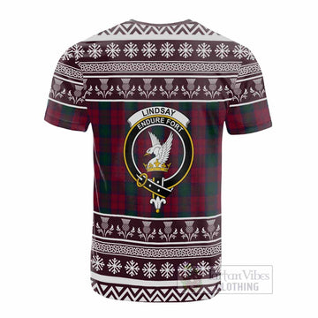 Lindsay Clan Tartan Christmas Cotton T-shirt with Family Crest