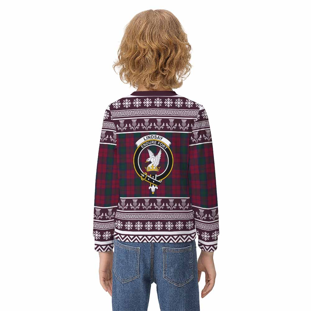Lindsay Clan Tartan Christmas Kid Ugly Sweatshirt with Family Crest - Tartan Vibes Clothing