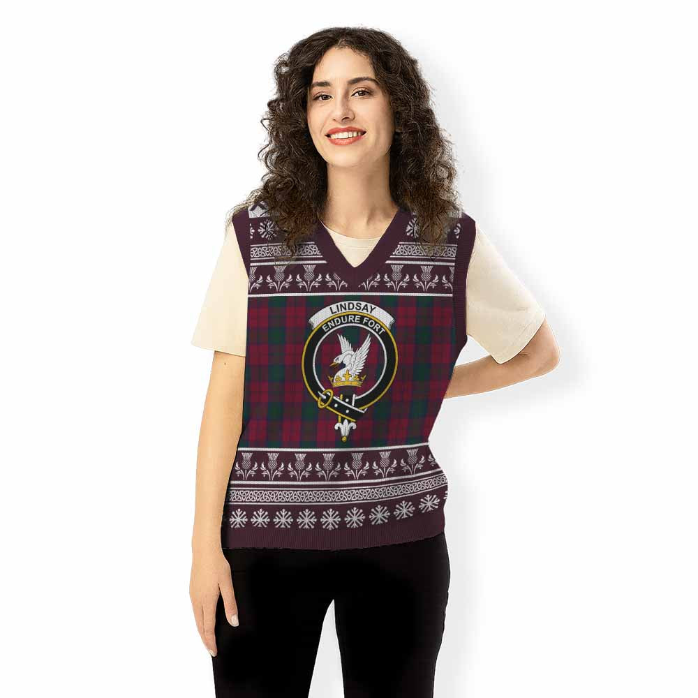 Lindsay Clan Tartan Christmas Knitted V-Neck Vest with Family Crest - Tartan Vibes Clothing
