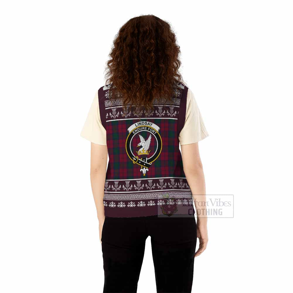 Lindsay Clan Tartan Christmas Knitted V-Neck Vest with Family Crest - Tartan Vibes Clothing